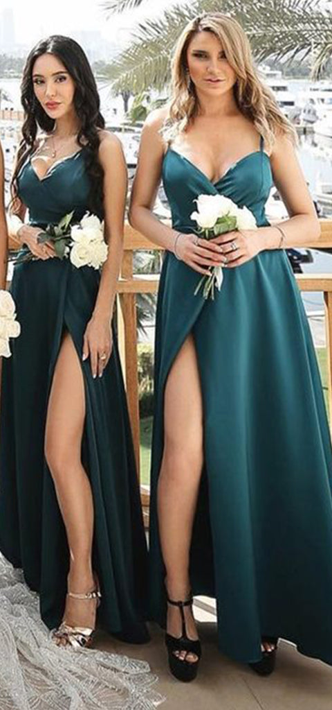 Elegant V-neck Spaghetti Straps Side Slit A-line Satin Peacock Bridesmaid Dresses Online, BG791