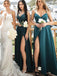 Elegant V-neck Spaghetti Straps Side Slit A-line Satin Peacock Bridesmaid Dresses Online, BG791