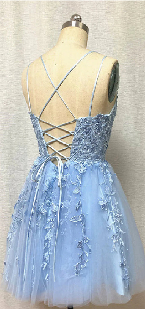 Elegant Spaghetti Straps A-line Sky Blue Tulle Applique Short Homecoming Dresses Online, HD0729