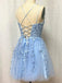 Elegant Spaghetti Straps A-line Sky Blue Tulle Applique Short Homecoming Dresses Online, HD0729