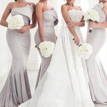 Sexy Mermaid Sleeveless Silver Satin Bridesmaid Dresses Online, BG504