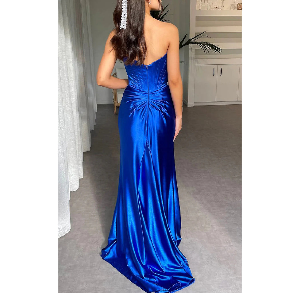 Elegant Straight Neck Mermaid Side Slit Satin Royal Blue Long Bridesmaid Dresses, BG602