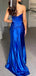 Elegant Straight Neck Mermaid Side Slit Satin Royal Blue Long Bridesmaid Dresses, BG602