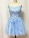 Elegant Spaghetti Straps A-line Sky Blue Tulle Applique Short Homecoming Dresses Online, HD0729