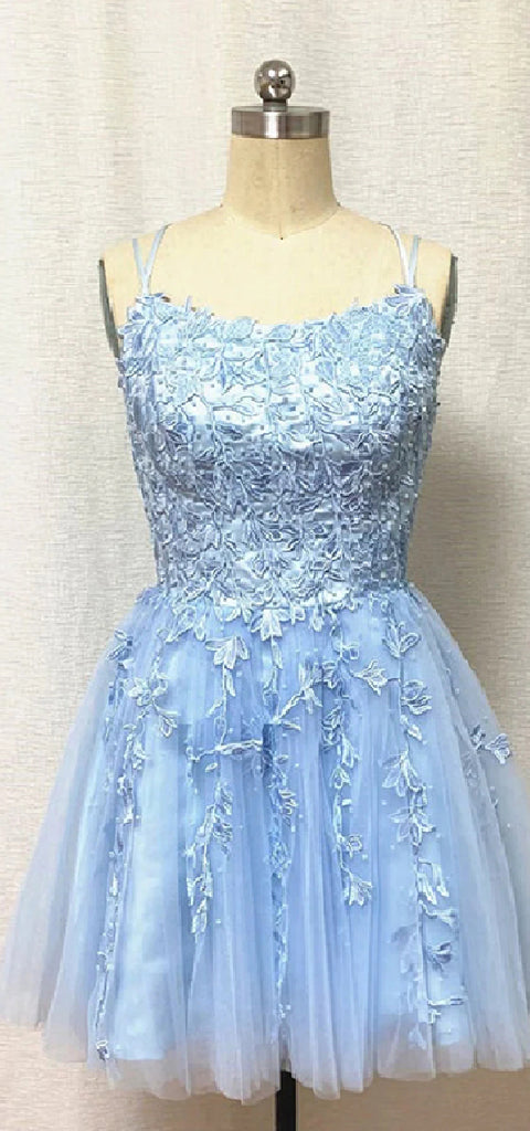 Elegant Spaghetti Straps A-line Sky Blue Tulle Applique Short Homecoming Dresses Online, HD0729