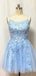 Elegant Spaghetti Straps A-line Sky Blue Tulle Applique Short Homecoming Dresses Online, HD0729