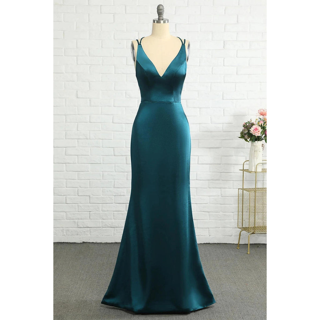 Elegant Spaghetti Straps V-neck Mermaid Satin Jade Long Bridesmaid Dresses Online, BG802