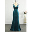 Elegant Spaghetti Straps V-neck Mermaid Satin Jade Long Bridesmaid Dresses Online, BG802