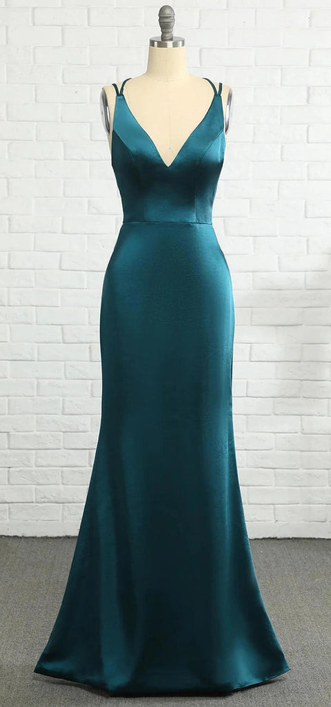 Elegant Spaghetti Straps V-neck Mermaid Satin Jade Long Bridesmaid Dresses Online, BG802