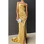 Simple Satin Spaghetti Strap Mermaid Side Slit Long Gold Bridesmaid Dresses Online, BG630