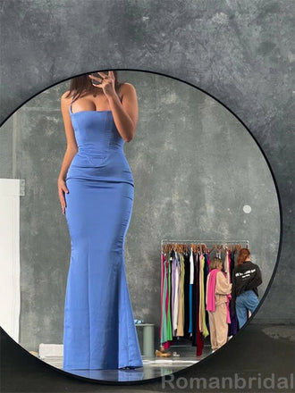 Simple Spaghetti Straps Mermaid Sleeveless Slate Blue Evening Prom Dress Online, OL101