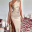 Simple One Shoulder Side Slit Mermaid Satin Taupe Bridesmaid Dresses, BG530