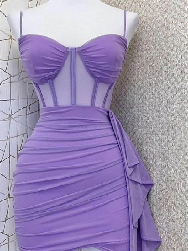 Elegant Spaghetti Straps Mermaid Illusion Lilac Jersey Short Homecoming Dresses Online, HD0721