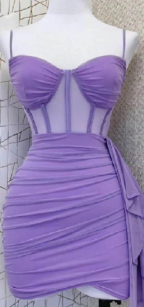 Elegant Spaghetti Straps Mermaid Illusion Lilac Jersey Short Homecoming Dresses Online, HD0721