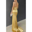 Simple Satin Spaghetti Strap Mermaid Side Slit Long Gold Bridesmaid Dresses Online, BG630