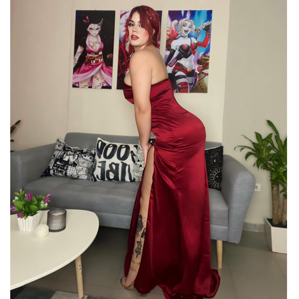 Sexy One Shoulder Mermaid Side Slit Satin Burgundy Long Bridesmaid Dresses Online, BG816