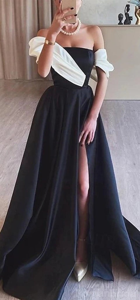 Elegant Off the Shoulder A-line Side Slit Black Long Evening Prom Dress, OL190