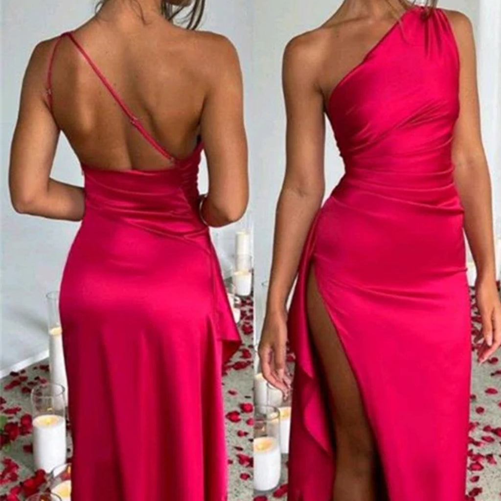 Simple One Shoulder Side Slit Mermaid Satin Taupe Bridesmaid Dresses, BG530