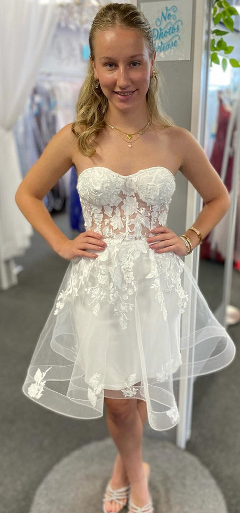 Elegant Sweetheart A-line Applique White Short Homecoming Dresses Online, HD0754