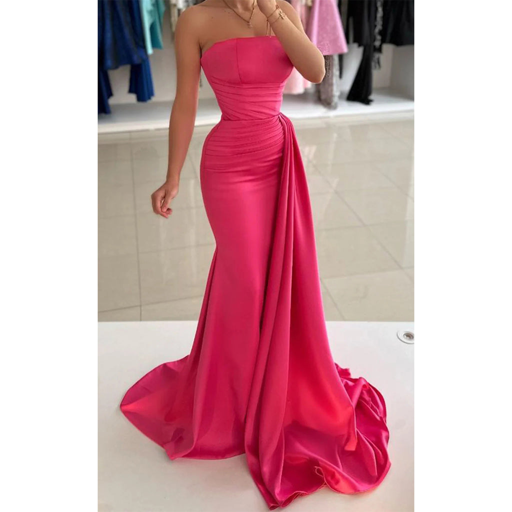 Elegant Straight Neck Mermaid Satin Long Bridesmaid Dresses with Trailing, BG653