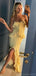 Elegant Spaghetti Straps Mermaid Lemon Long Evening Prom Dress with Side Slit, OL122