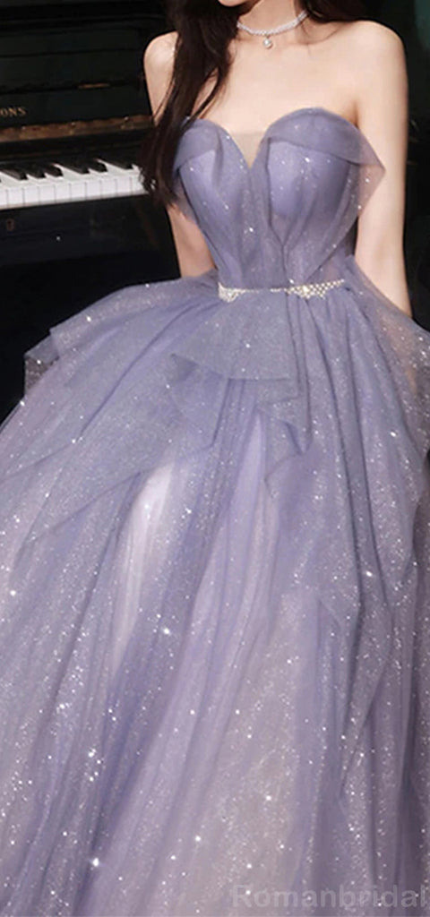 Elegant Straps A-line Off the Shoulder Tulle Lilac Long Evening Prom Dress Online, OL063