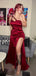 Sexy One Shoulder Mermaid Side Slit Satin Burgundy Long Bridesmaid Dresses Online, BG816