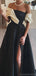 Elegant Off the Shoulder A-line Side Slit Black Long Evening Prom Dress, OL190