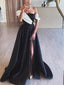 Elegant Off Shoulder A-line Satin Side Slit Long Prom Dress Online, OL270