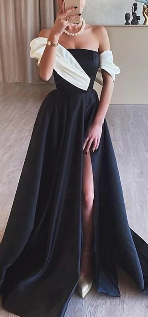 Elegant Off Shoulder A-line Satin Side Slit Long Prom Dress Online, OL270