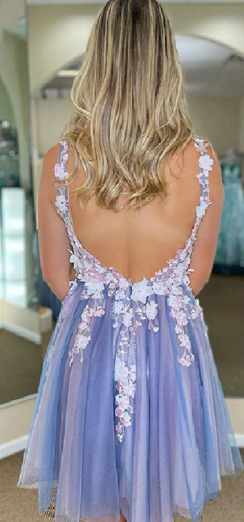 Elegant Spaghetti Straps V-neck Backless Tulle Flowers Short Homecoming Dresses Online, HD0730