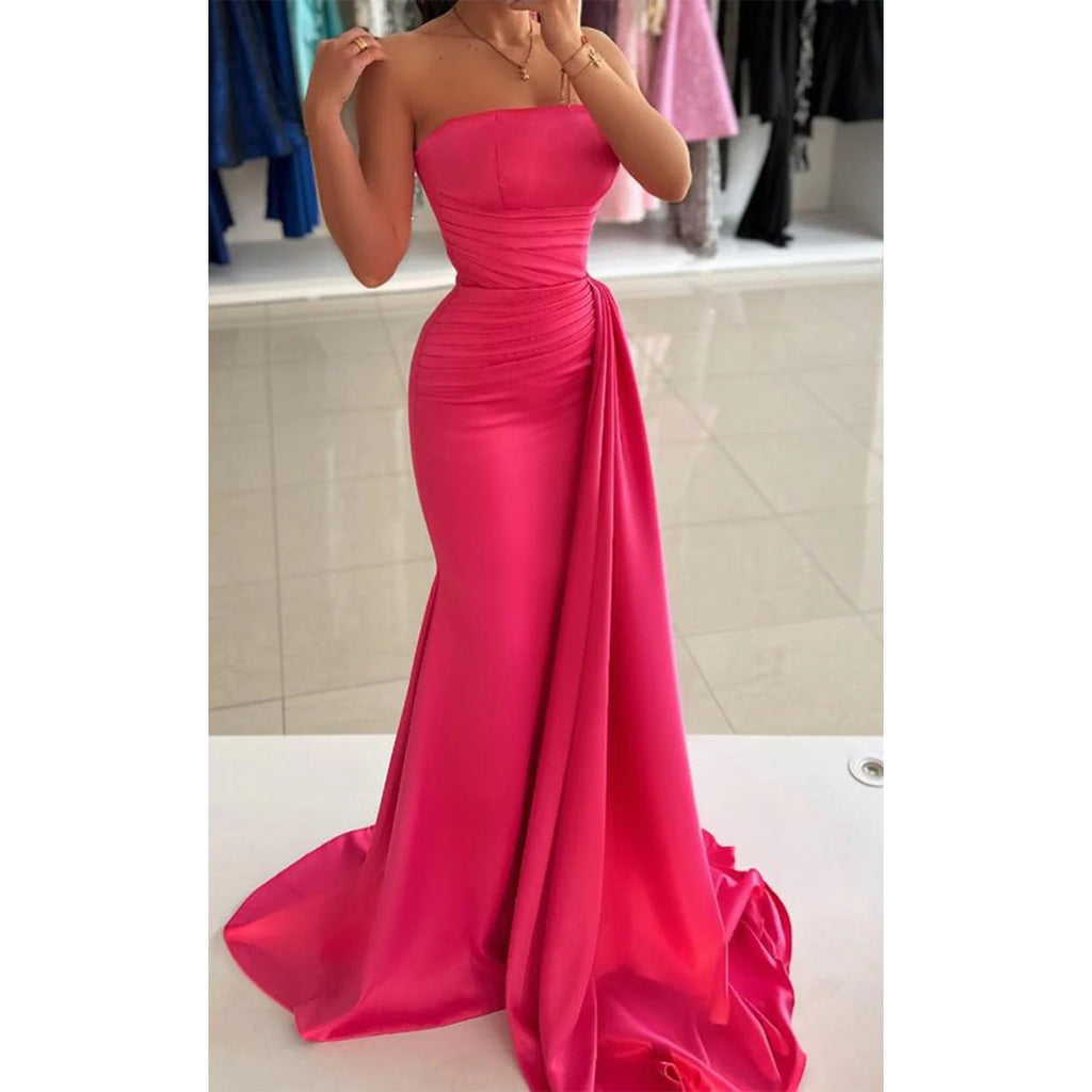 Elegant Straight Neck Mermaid Satin Long Bridesmaid Dresses with Trailing, BG653