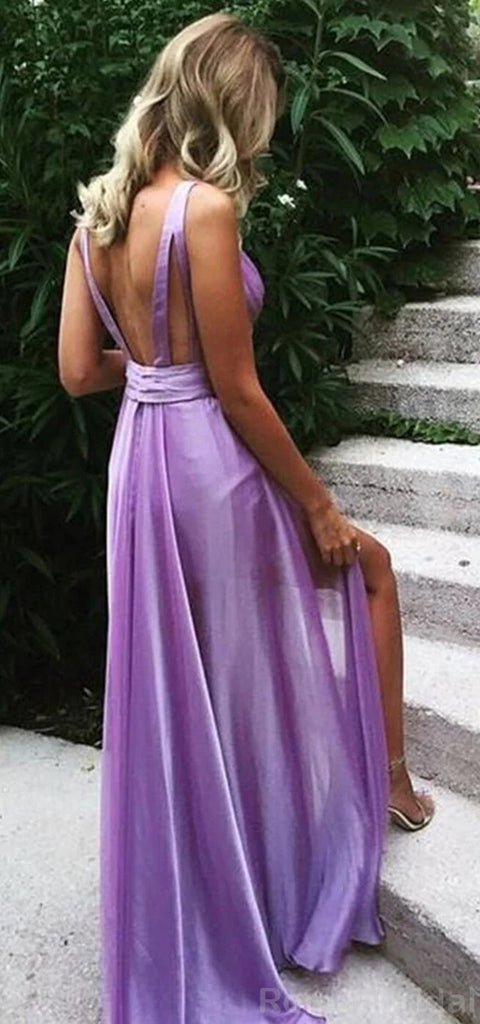 Elegant V-neck A-line Lilac Long Evening Prom Dress with Side Slit, OL123