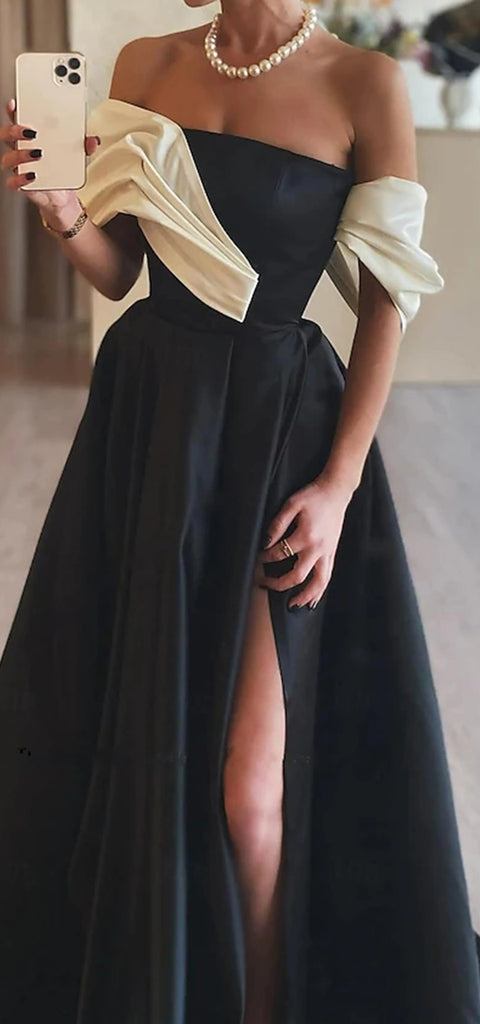 Elegant Off Shoulder A-line Satin Side Slit Long Prom Dress Online, OL270