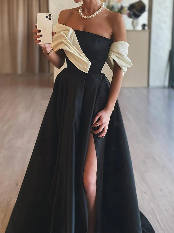 Elegant Off Shoulder A-line Satin Side Slit Long Prom Dress Online, OL270