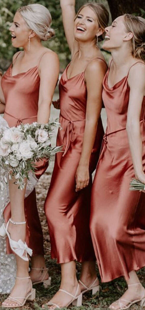 Simple Spaghetti Straps Elastic Satin Rust Bridesmaid Dresses Online, BG779