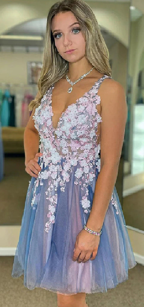 Elegant Spaghetti Straps V-neck Backless Tulle Flowers Short Homecoming Dresses Online, HD0730