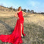 Elegant Red One Shoulder Side Slit Long Satin Bridesmaid Dresses Online, BG450