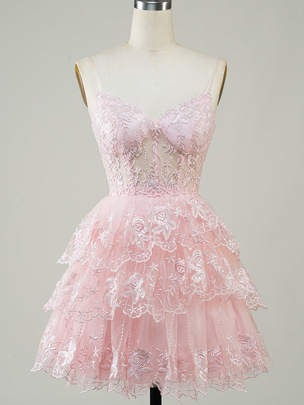 Elegant Spaghetti Straps A-line V-neck Short Tulle Homecoming Dresses Online, HD0739