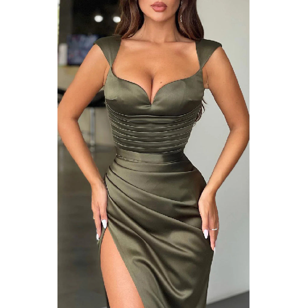 Sexy Straps V-neck Mermaid Side Slit Clover Satin Long Bridesmaid Dresses, BG604