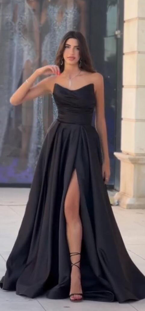 Elegant V-neck A-line Side Slit Black Satin Bridesmaid Dresses Online, BG568