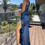 Simple One Shoulder Mermaid Side Slit Satin Royal Blue Bridesmaid Dresses, BG532