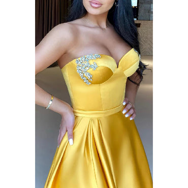 Elegant Sweetheart A-line Side Slit Gold Satin Long Bridesmaid Dresses Online, BG605