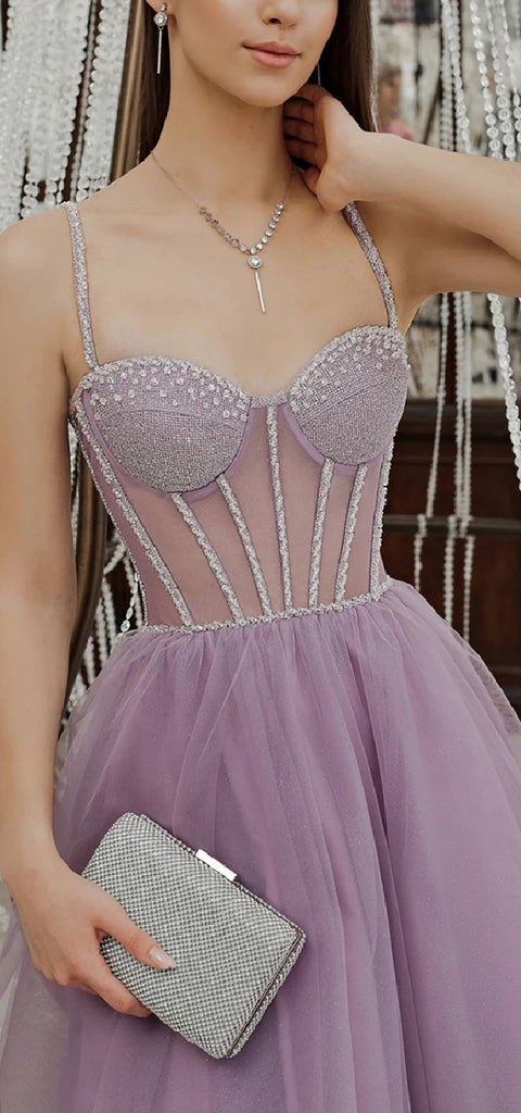 Elegant Spaghetti Straps A-line Tulle Tea Length Short Homecoming Dresses Online, HD0652