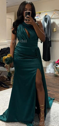Elegant One Shoulder Mermaid Side Slit Satin Dark Green Bridesmaid Dresses Online, BG737