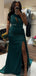 Elegant One Shoulder Mermaid Side Slit Satin Dark Green Bridesmaid Dresses Online, BG737