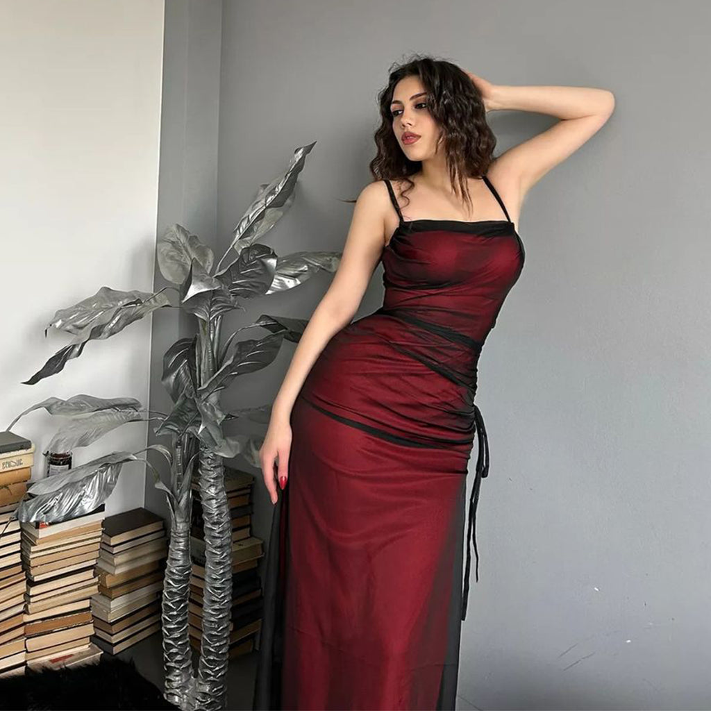 Elegant Spaghetti Straps Mermaid Tulle Black Red Long Bridesmaid Dresses Online, BG806