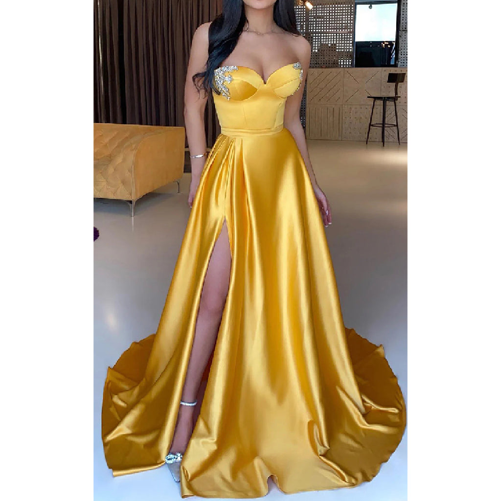 Elegant Sweetheart A-line Side Slit Gold Satin Long Bridesmaid Dresses Online, BG605