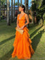 Elegant V-neck A-line Sleeveless Orange Tulle Evening Prom Dress Online, OL106