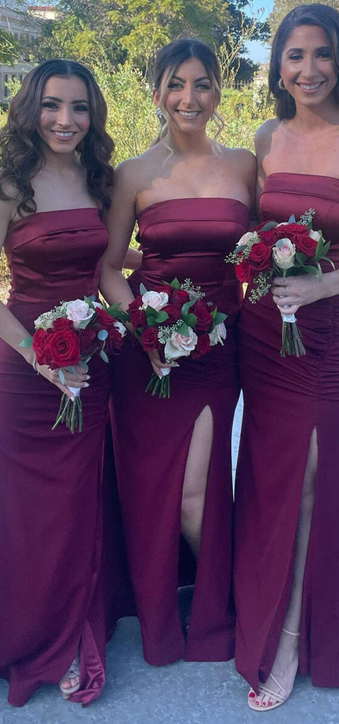 Elegant Straight Neck Side Slit Mermaid Satin Side Slit Burgundy Long Bridesmaid Dresses Online, BG803